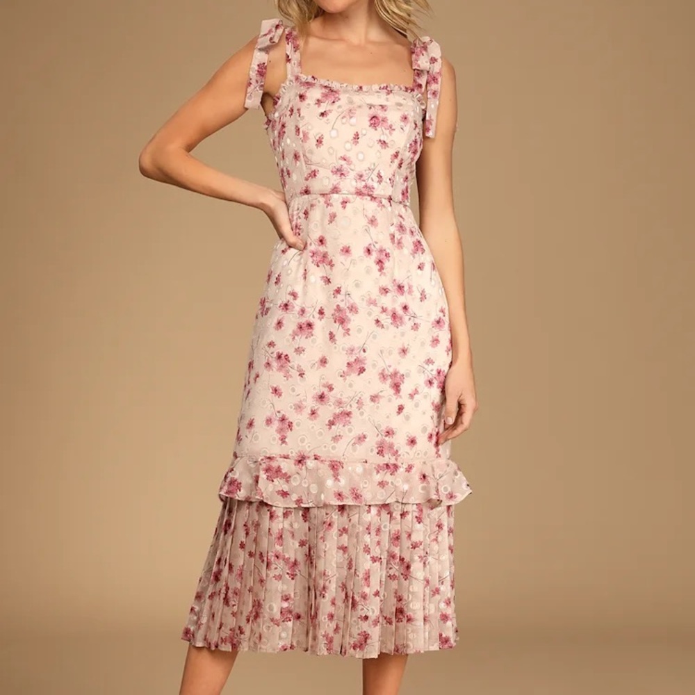 Floral Pink Midi Dress Terrace Views Taupe Floral Print Tiered Midi Dress NWT